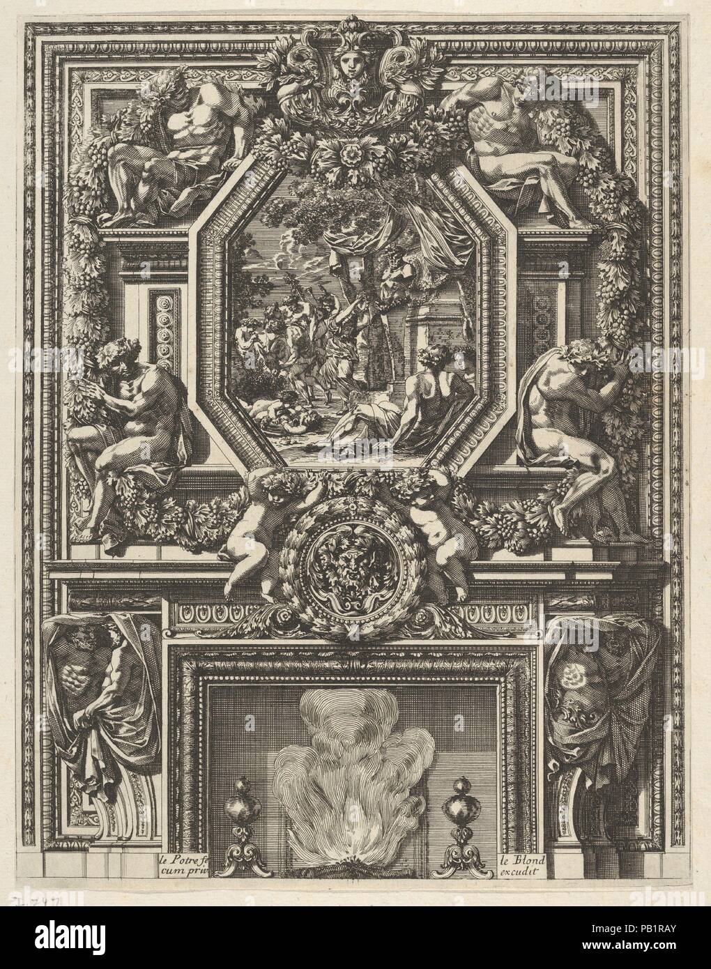 Chimney with a Bacchanal over the Mantle from 'Grandes Cheminée'. Artist  and engraver: Jean Le Pautre (French, Paris 1618-1682 Paris). Dimensions:  Sheet: 10 15/16 × 8 7/16 in. (27.8 × 21.5 cm) [