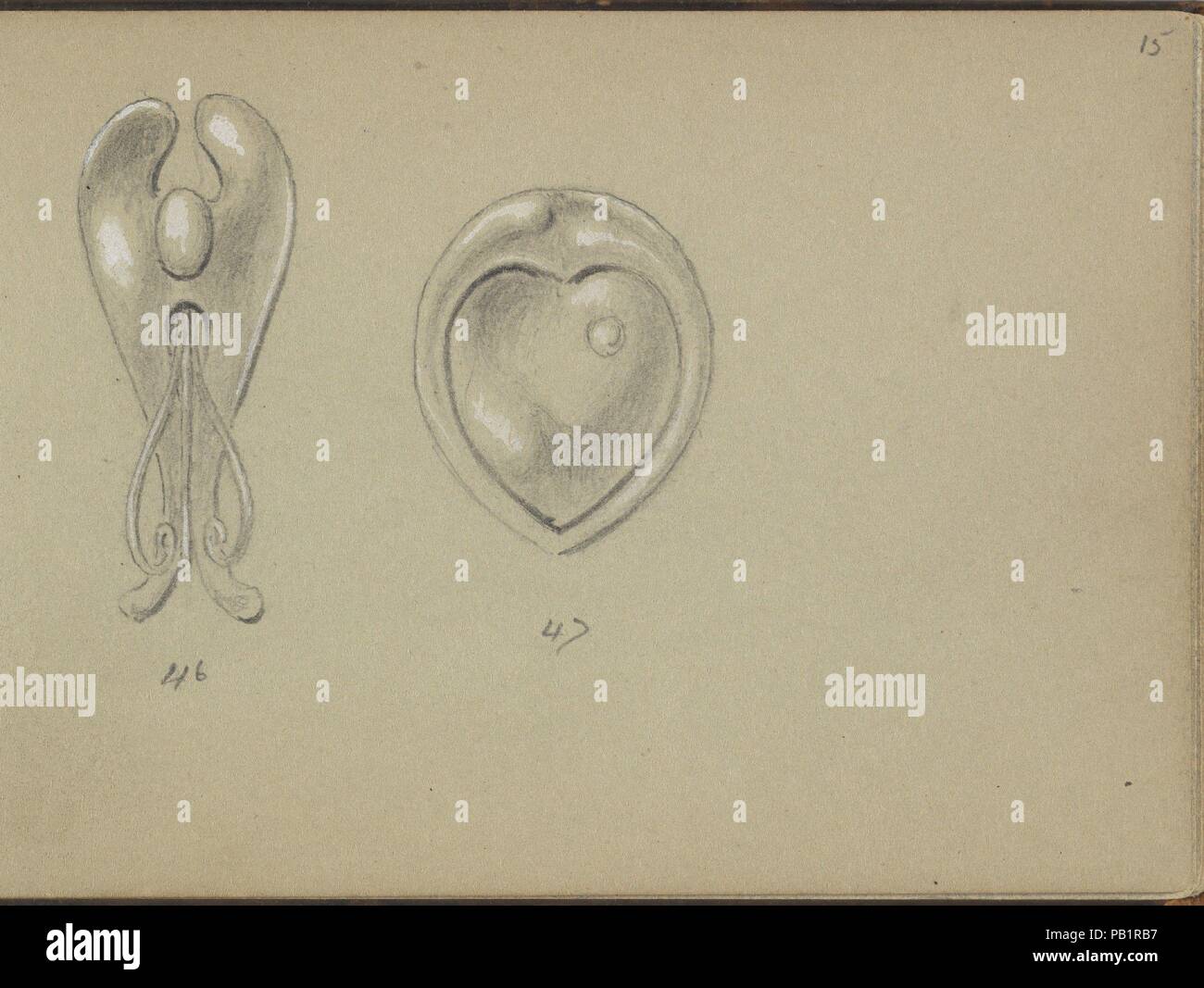 Two Silver Jewelry Designs. Artist: Edgar Gilstrap Simpson (British, 1867-1945 (presumed)). Dimensions: sheet: 3 1/2 x 5 in. (8.9 x 12.7 cm). Date: 1899.  Two designs for silver jewelry pieces, possibly brooches or the tips of stickpins. The design on the left is shaped like a long leaf with a split tip. The second design is characterized by a heart-shaped compartment. Both designs are numbered (numbering continued from the previous pages). Museum: Metropolitan Museum of Art, New York, USA. Stock Photo