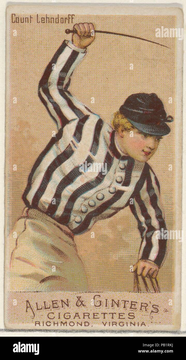 Count Lehndorff, from the Racing Colors of the World series (N22a) for Allen & Ginter Cigarettes. Dimensions: Sheet: 2 3/4 x 1 1/2 in. (7 x 3.8 cm). Publisher: Allen & Ginter (American, Richmond, Virginia). Date: 1888.  Trade cards from the 'Racing Colors of the World' series (N22a), issued in 1888 in a set of 50 cards to promote Allen & Ginter brand cigarettes. The series was published in two variations. N22a includes a white edge around the perimeter of each card and N22b does not. Museum: Metropolitan Museum of Art, New York, USA. Stock Photo