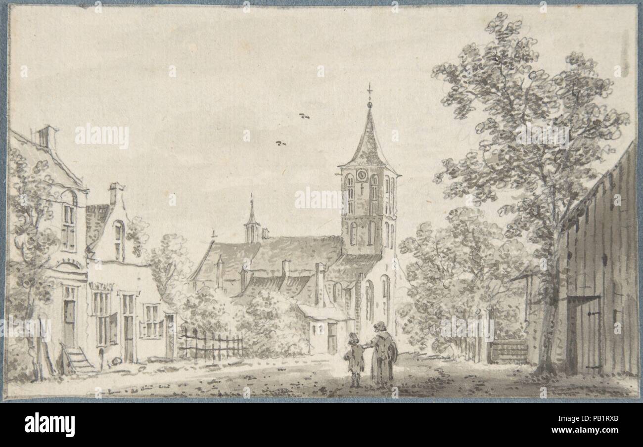 Village Street Scene with a Church. Artist: Cornelis Ploos van Amstel (Dutch, 1726-1798). Dimensions: sheet: 3 3/4 x 6 1/16 in. (9.6 x 15.4 cm). Date: 1777. Museum: Metropolitan Museum of Art, New York, USA. Stock Photo