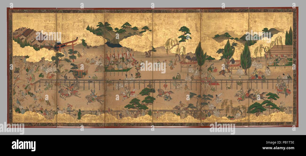 Horseracing at Kamo Shrine and Amusements by the Riverside at Shijo. Culture: Japan. Dimensions: Image (each screen): 40 3/4 in. × 8 ft. 7 15/16 in. (103.5 × 264 cm). Date: late 17th-early 18th century.  This pair of screens captures the exuberant energy of the former capital of Kyoto by showing people enjoying various entertainments at two locales along the Kamo River. Since ancient times, in the fifth month, an annual horse race was held as part of festival celebrations at the Upper Kamo Shrine. Along with the excitement and drama of the equestrian competition, we can see people from all wal Stock Photo