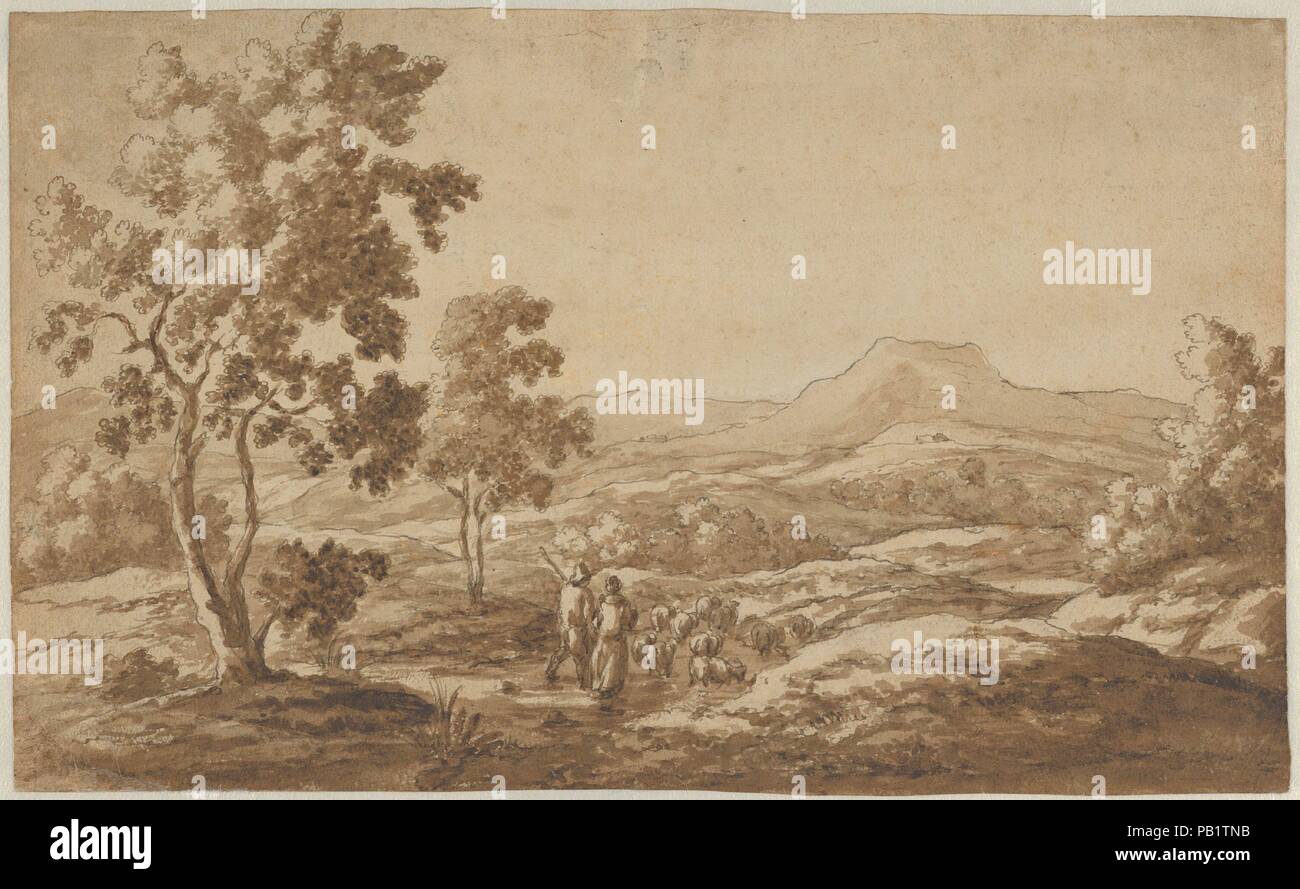 Southern Landscape with Shepherds and Sheep; verso: Study of a Sheep's Head (?). Artist: Simon van der Does (Dutch, Amsterdam 1653-1717 Antwerp). Dimensions: Sheet: 7 1/2 × 12 1/4 in. (19 × 31.1 cm). Date: late 17th-early 18th century. Museum: Metropolitan Museum of Art, New York, USA. Stock Photo