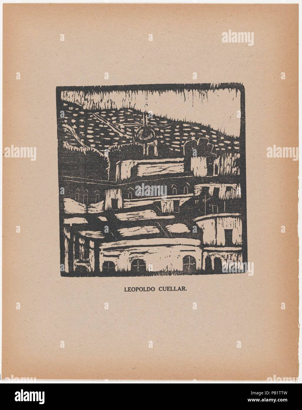 A townscape, from the portfolio 'Los pequeños grabadores en madera, alumnos de la Escuela Preparatoria de Jalisco' (Guadalajara, Mexico 1925). Artist: Leopoldo Cuellar (Mexican, active 1920s). Dimensions: Sheet: 11 5/8 × 9 1/8 in. (29.5 × 23.2 cm)  Image: 5 7/8 × 5 3/4 in. (15 × 14.6 cm). Date: ca. 1924.  See comment for 29.101.19. Museum: Metropolitan Museum of Art, New York, USA. Stock Photo