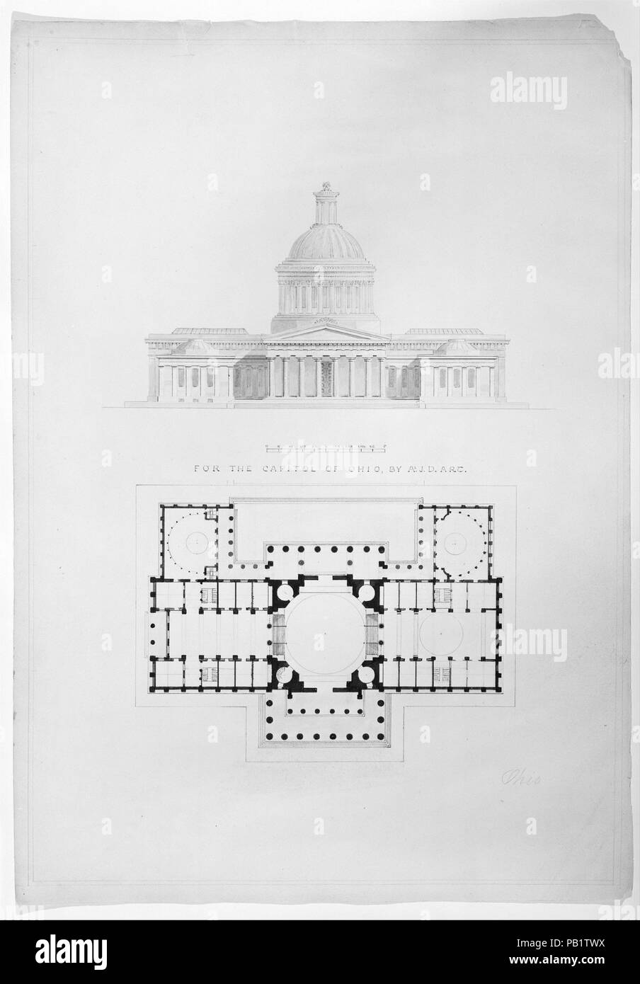 For the Capitol of Ohio, by A.J.D. arch. Artist: Alexander Jackson Davis (American, New York 1803-1892 West Orange, New Jersey). Dimensions: sheet: 20 11/16 x 14 1/2 in. (52.6 x 36.8 cm). Date: ca. 1839. Museum: Metropolitan Museum of Art, New York, USA. Stock Photo