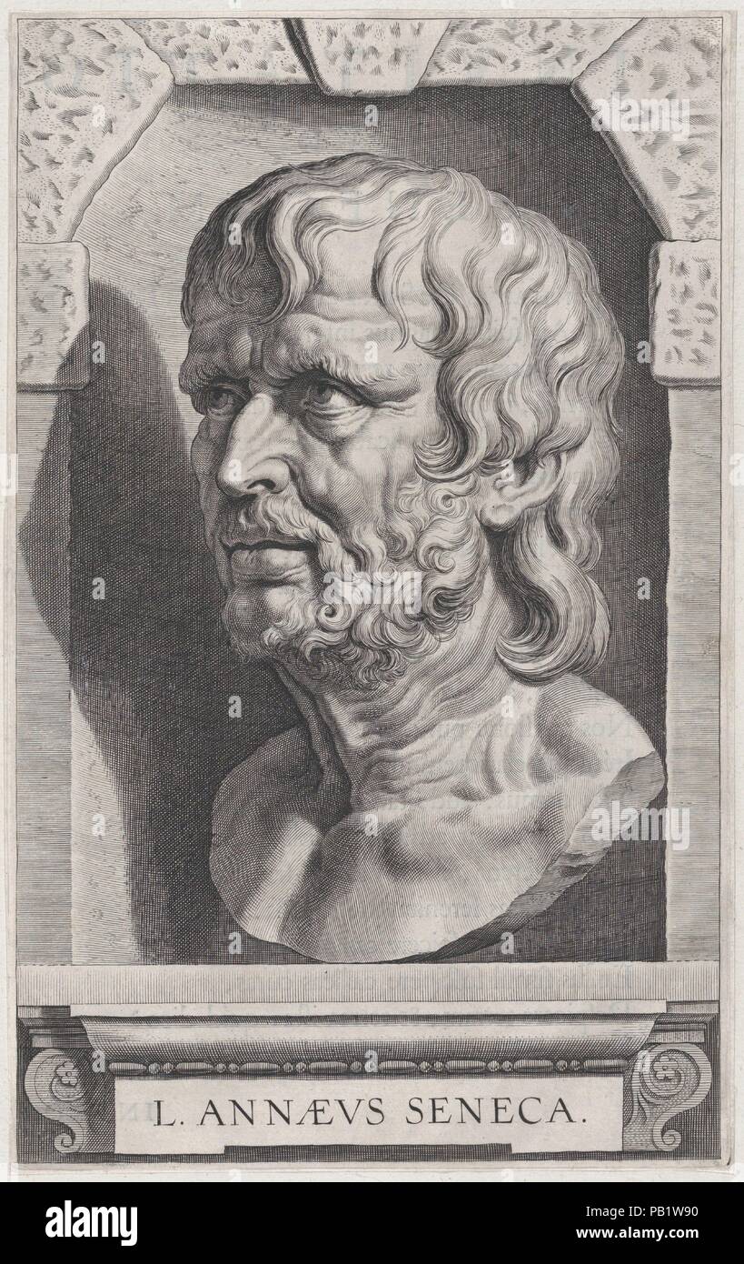 The bust of Seneca, in a stonework niche. Artist: After Peter Paul Rubens (Flemish, Siegen 1577-1640 Antwerp); Cornelis Galle I (Netherlandish, Antwerp 1576-1650 Antwerp). Dimensions: Sheet (Trimmed): 12 5/16 × 7 11/16 in. (31.2 × 19.5 cm). Subject: Lucius Annaeus Seneca (Roman, 54 B.C.?-A.D. 30). Date: ca. 1615. Museum: Metropolitan Museum of Art, New York, USA. Stock Photo