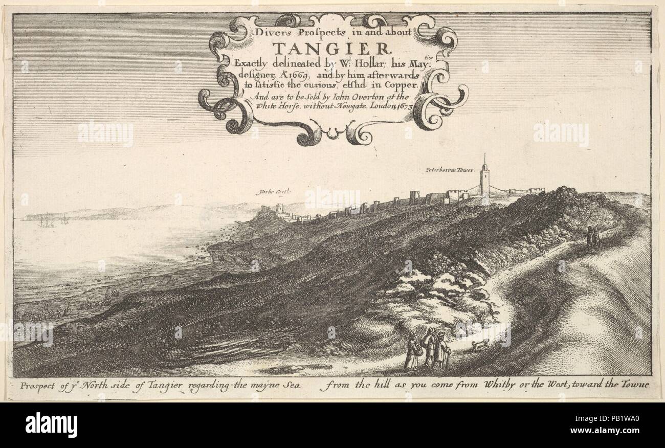 Prospect of ye North side of Tangier regarding the mayne Sea from the hill as you come from Whitby or the West, toward the Towne. Artist: Wenceslaus Hollar (Bohemian, Prague 1607-1677 London). Dimensions: Sheet: 5 1/8 × 8 9/16 in. (13.1 × 21.8 cm)  cut outside borderlines but within platemark. Publisher: John Overton (British, London 1640-1713 London). Series/Portfolio: Various views of Tangier.  New Hollstein 2227-2232. Date: by 1673.  Series title, from a series including five additional Tangier views. View from Tangier onto York Castle and Peterborough Tower; in the foreground, three figure Stock Photo