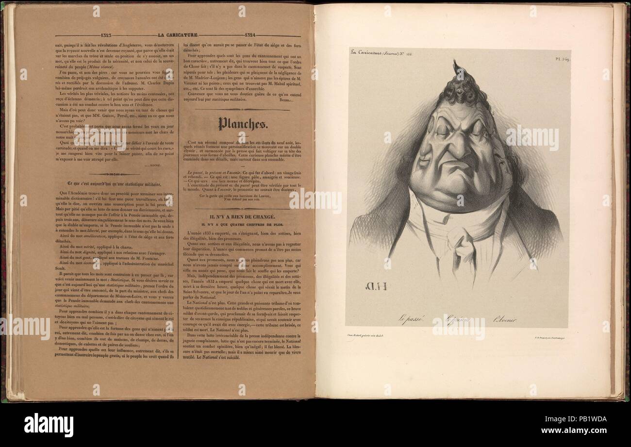 The Past. The Present. The Future (Le passé. Le présent. L'avenir), from La Caricature, plate 349. Artist: Honoré Daumier (French, Marseilles 1808-1879 Valmondois). Dimensions: Image: 9 7/8 × 7 15/16 in. (25.1 × 20.2 cm)  Sheet: 14 in. × 10 11/16 in. (35.6 × 27.1 cm). Lithographer: Becquet. Publisher: Aubert et Cie. Series/Portfolio: La Caricature. Date: January 9, 1834.  Lithograph satirizing King Louis-Philippe, depicting the monarch with three faces - the past, the present, and the future - referring to the hope that he inspired when he first came to power and the hostility his reign quickl Stock Photo