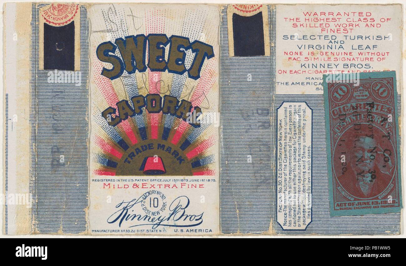 Original packaging for the National Flag on Domino series (T177), with original cancel stamp, issued by Kinney Brothers to promote Sweet Caporal Cigarettes. Dimensions: Sheet: 7 1/4 × 2 5/8 in. (18.4 × 6.6 cm). Publisher: Issued by Kinney Brothers (American). Date: ca. 1901.  Trade cards from the 'National Flags on Domino' series (T177), issued ca. 1901 by Kinney Brothers to promote Sweet Caporal Cigarettes. Each card was hand-cut cut from the sides of original Sweet Caporal cartons. This is the original slide, or packaging, for the cigarettes and card set. Cancel stamp dated December 1, 1900. Stock Photo