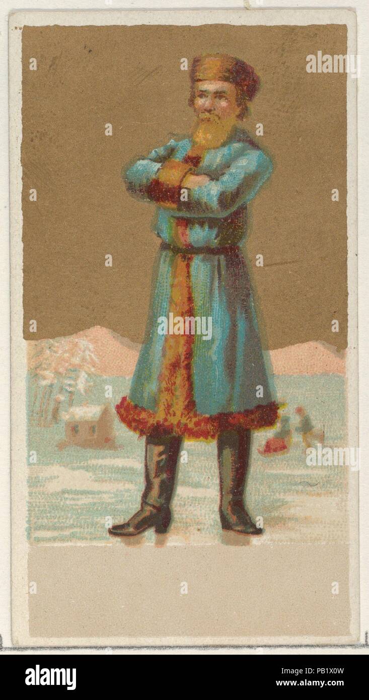 Russia, from the Natives in Costume series (N16), Teofani Issue, for Allen & Ginter Cigarettes Brands. Dimensions: Sheet: 2 3/4 x 1 1/2 in. (7 x 3.8 cm). Publisher: Plates used from original issue by Allen & Ginter (American, Richmond, Virginia); Issued by Teofani & Company (British). Date: ca. 1886.  Trade cards from the 'Natives in Costume' series (N16), issued in 1886 in a set of 50 cards to promote Allen & Ginter brand cigarettes. Secondary set from original Allen & Ginter plates printed by Teofani and distributed in Iceland. This set is printed on thinner card stock and does not have prin Stock Photo