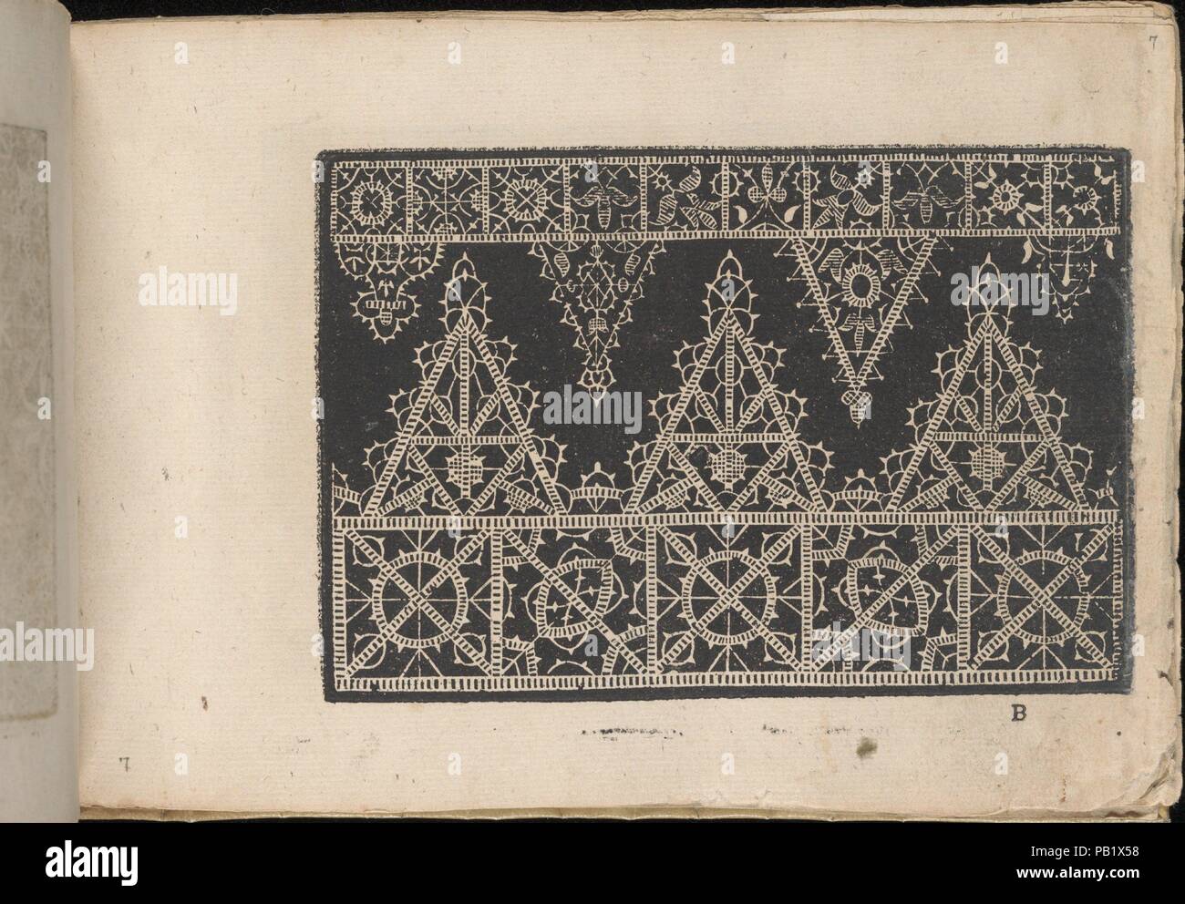 Fiori di Ricami Nuovamente Posti in Luce, page 7 (recto). Designer: Matteo Florimi (Italian, active Siena, ca. 1581-died 1613). Dimensions: Overall: 5 1/2 x 7 7/8 in. (14 x 20 cm). Published in: Venice. Publisher: Francesco de' Franceschi (Italian, active 16th century) , Venice. Date: 1591.  Designed by Matteo Florimi, Italian, active Siena, ca. 1581-died 1613, published by Francesco de' Franceschi, Italian, active 16th century, Venice.  From top to bottom, and left to right:  Design composed of 3 horizontal registers. Top register is decorated with squares ornamented with a different floral m Stock Photo