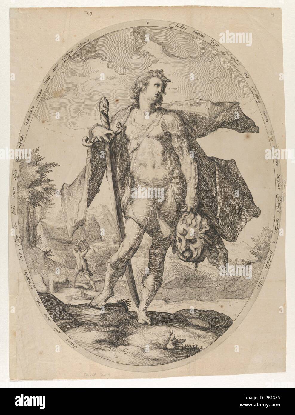 David from Heroes and Heroines of the Old Testament. Artist: After Hendrick Goltzius (Netherlandish, Mühlbracht 1558-1617 Haarlem); Nicolaes Braeu (Netherlandish, active Haarlem, ca. 1586-died 1600). Dimensions: Sheet: 17 1/2 x 13 in. (44.5 x 33 cm)  Plate (oval): 16 5/8 x 12 13/16 in. (42.2 x 32.5 cm). Date: ca. 1597. Museum: Metropolitan Museum of Art, New York, USA. Stock Photo