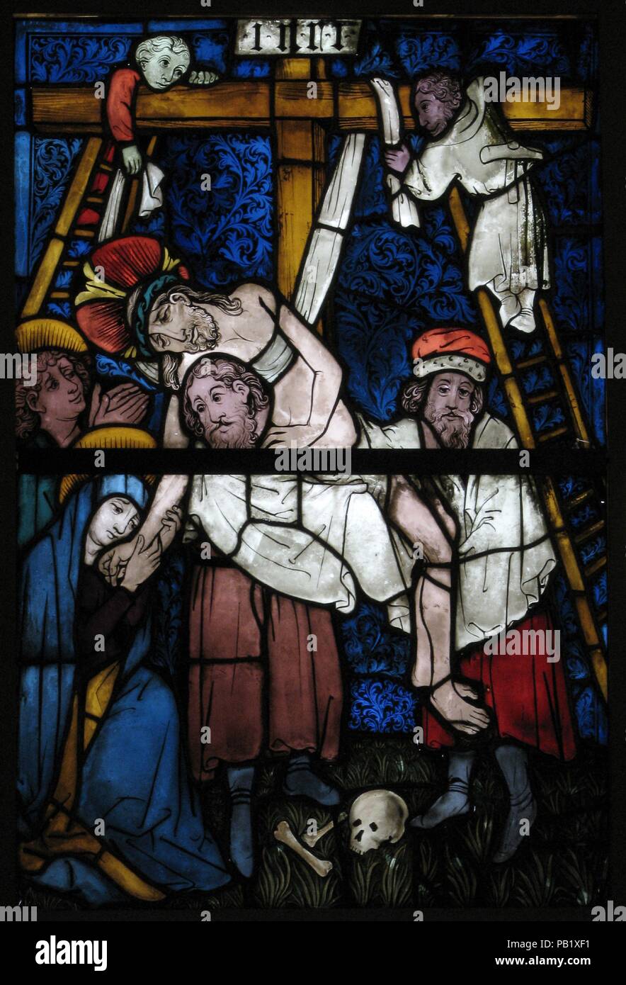 Stained Glass Panel with the Deposition. Culture: German. Dimensions: Overall (with 1 T-bar): 43 1/2 x 29 5/16 x 3/8 in. (110.5 x 74.5 x 1 cm)  Overall (installation opening): 41 3/4 x 28 3/8 in. (106 x 72.1 cm)  a: 21 7/8 x 29 1/4 x 3/8 in. (55.6 x 74.3 x 1 cm)  b: 21 3/4 x 29 1/4 x 3/8 in. (55.2 x 74.3 x 1 cm). Date: 15th century.  These panels were part of a window depicting the ancestry of Christ in the form of a Tree of Jesse (a complete example is shown opposite).  The painter of these windows adopted an angular style of drapery folds and subtle color juxtapositions initiating a new styl Stock Photo
