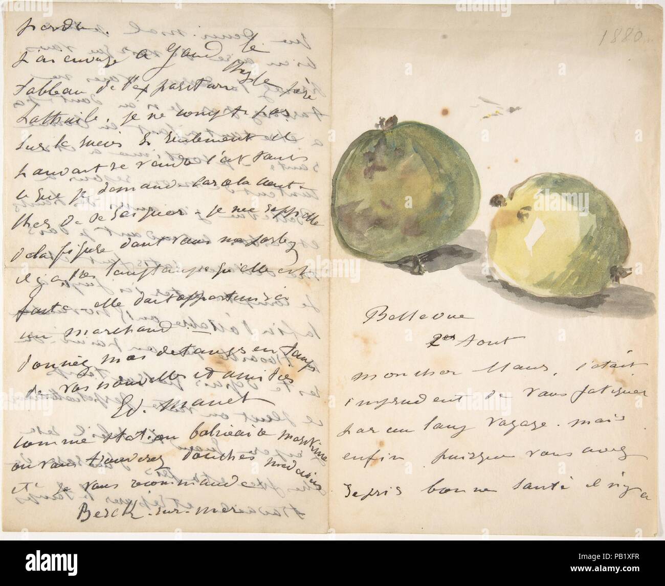 A Letter to Eugène Maus, Decorated with Two Plums. Artist: Édouard Manet (French, Paris 1832-1883 Paris). Dedicatee: Written to Eugène Henri Maus (Belgian, 1847-1881). Dimensions: sheet: 7 15/16 x 9 3/4 in. (20.1 x 24.8 cm); folded once to form four pages. Date: August 2, 1880.  The letters Manet embellished with watercolors of flowers and fruit from his garden at Bellevue and sent to his friends are among the most prized of his works because of their enchanting informality. Our letter is a little-known example, fresh in color and featuring one of his favorite subjects, the yellow-green plums  Stock Photo