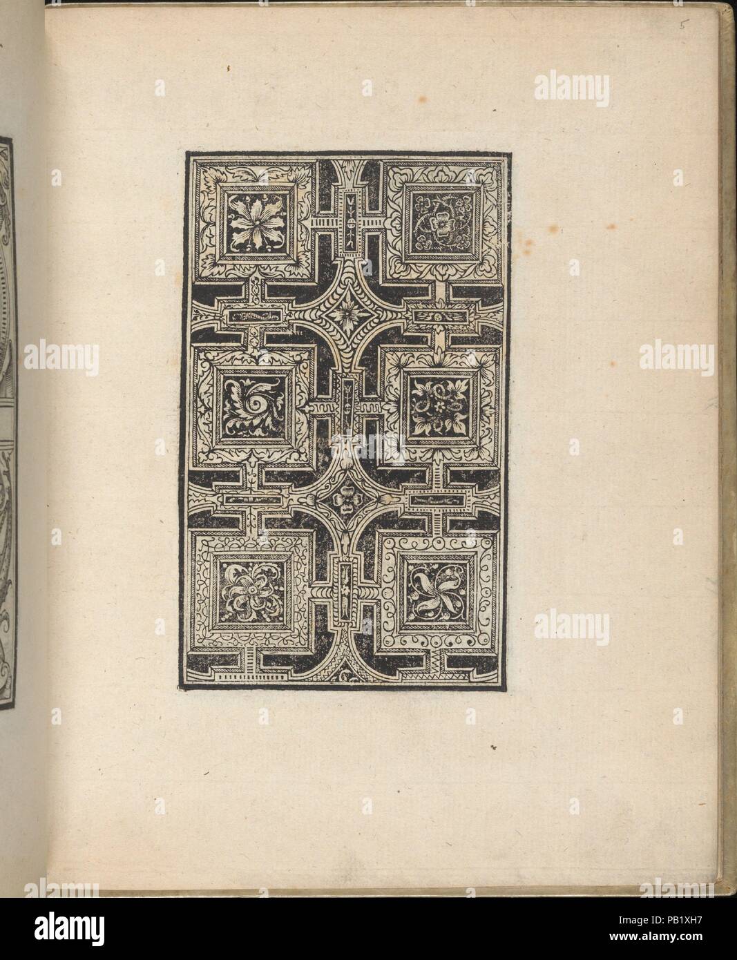 Trionfo Di Virtu. Libro Novo..., page 5 (recto). Dimensions: Overall: 9 13/16 x 7 7/8 in. (25 x 20 cm). Publisher: Matteo Pagano (Italian, 1515-1588) , Venice. Date: 1563.  Published by Matteo Pagano, Italian, 1515-1588, Venice.  From top to bottom, and left to right:  Design is decorated with a pattern of squares connected to rectangles that are then connected to quatrefoils in the center. Each shape is ornamented with a different floral or foliage motif. Museum: Metropolitan Museum of Art, New York, USA. Stock Photo