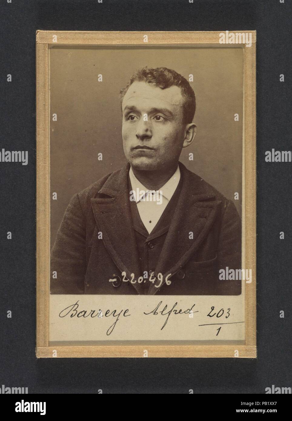 Barreyre. Alfred. 30 ans, né le 30/6/64 à Brassac (P. de Dôme). Gérant de restaurant. Anarchiste. 2/7/94. Artist: Alphonse Bertillon (French, 1853-1914). Dimensions: 10.5 x 7 x 0.5 cm (4 1/8 x 2 3/4 x 3/16 in.) each. Date: 1894.  Born into a distinguished family of scientists and statisticians, Bertillon began his career as a clerk in the Identification Bureau of the Paris Prefecture of Police in 1879. Tasked with maintaining reliable police records of offenders, he developed the first modern system of criminal identification. The system, which became known as Bertillonage, had three component Stock Photo