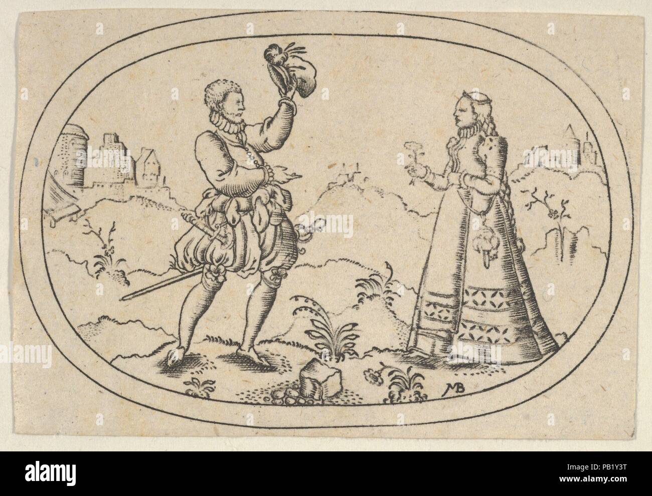 A Gentleman Greets a Lady, from Das Bossenbüchlein. Artist: Mathais Beitler (German, Ansbach, active ca. 1582-1616). Dimensions: Sheet: 2 1/4 × 3 3/8 in. (5.7 × 8.5 cm). Publisher: Stephan Herman (active 1568-96). Series/Portfolio: Das Bossenbüchlein. Date: ca. 1582.  A gentleman, at left, greets a lady, at right, who hands him a flower. Buildings seen in the distance at left and right. From a set of 12 plates of vessel designs. Museum: Metropolitan Museum of Art, New York, USA. Stock Photo
