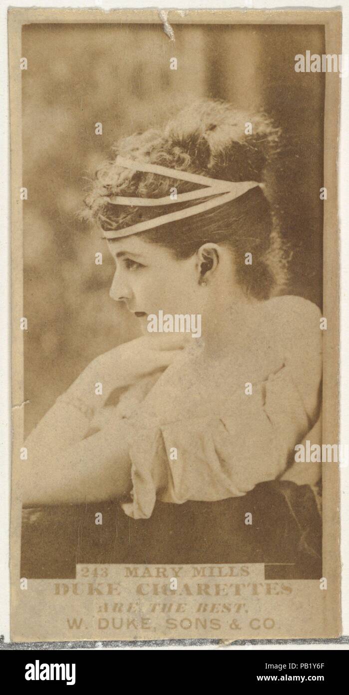 Card Number 243, Mary Mills, from the Actors and Actresses series (N145-7) issued by Duke Sons & Co. to promote Duke Cigarettes. Dimensions: Sheet: 2 11/16 × 1 3/8 in. (6.8 × 3.5 cm). Publisher: Issued by W. Duke, Sons & Co. (New York and Durham, N.C.). Date: 1880s.  Trade cards from the set 'Actors and Actresses' (N145-7), issued in the 1880s by W. Duke Sons & Co. to promote Duke Cigarettes. There are eight subsets of the N145 series. Various subsets sport different card designs and also promote different tobacco brands represented by W. Duke Sons & Company. This card is from the seventh subs Stock Photo