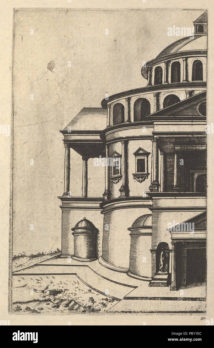 Partial View of a Building [Templum Isaiae Prophetae] from the series 'Ruinarum variarum fabricarum delineationes pictoribus caeterisque id genus artificibus multum utiles'. Artist: Lambert Suavius (Netherlandish, ca. 1510-by 1576); After a print previously attributed to the Master G.A. (Italian, active ca. 1535). Dimensions: Plate: 6 11/16 x 4 5/16 in. (17 x 11 cm). Date: ca. 1572.  Perspectival depiction of the left part of a temple, referred to as the 'Tenplum [sic] Isaiae Prophetae' placed on a two-stepped podium and set in a stylized landscape. The building is characterized by a domed tow Stock Photo