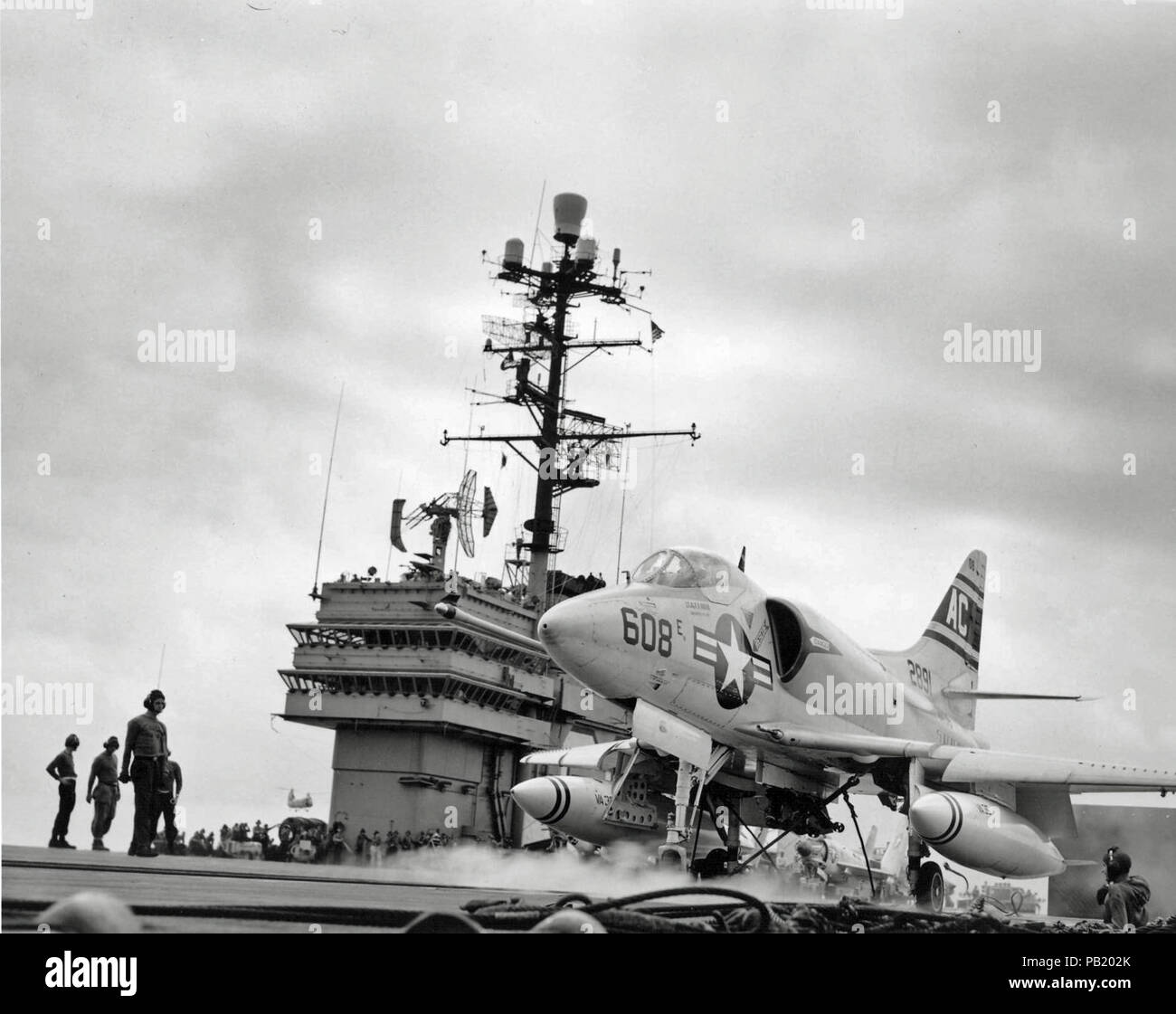 A4D-2 VA-36 USS Saratoga on cat. Stock Photo