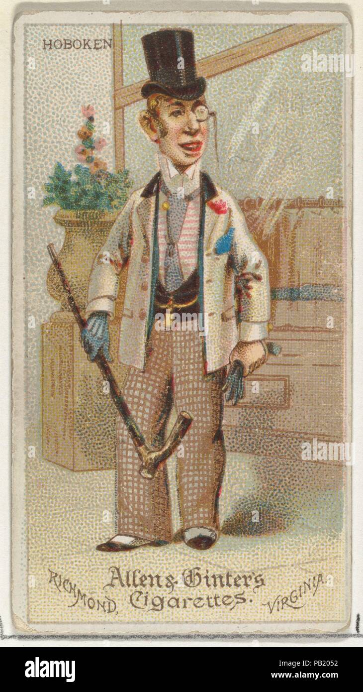 Hoboken, from World's Dudes series (N31) for Allen & Ginter Cigarettes. Dimensions: Sheet: 2 3/4 x 1 1/2 in. (7 x 3.8 cm). Publisher: Allen & Ginter (American, Richmond, Virginia). Date: 1888.  Trade cards from the 'World's Dudes' series (N31), issued in 1888 in a set of 50 cards to promote Allen & Ginter brand cigarettes. Museum: Metropolitan Museum of Art, New York, USA. Stock Photo