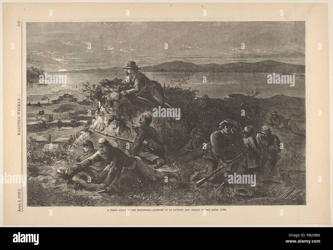 A Night Scout in the Southwest - Surprise of an Outpost, and Survey of the Rebel Guns (from Harper's Weekly). Artist: Thomas Nast (American (born Germany), Landau 1840-1902 Guayaquil). Dimensions: Sheet: 10 7/8 × 16 in. (27.7 × 40.7 cm). Publisher: Harper's Weekly (American, 1857-1916). Date: April 4, 1863.  Union success on the Civil War's western front depended upon gaining control of the Mississippi and Ulysses S. Grant waged a series of campaigns to achieve this goal between 1861 and 1863. Published in Harper's Weekly in April 1863, this wood engraving depicts Union scouts overpowering Con Stock Photo