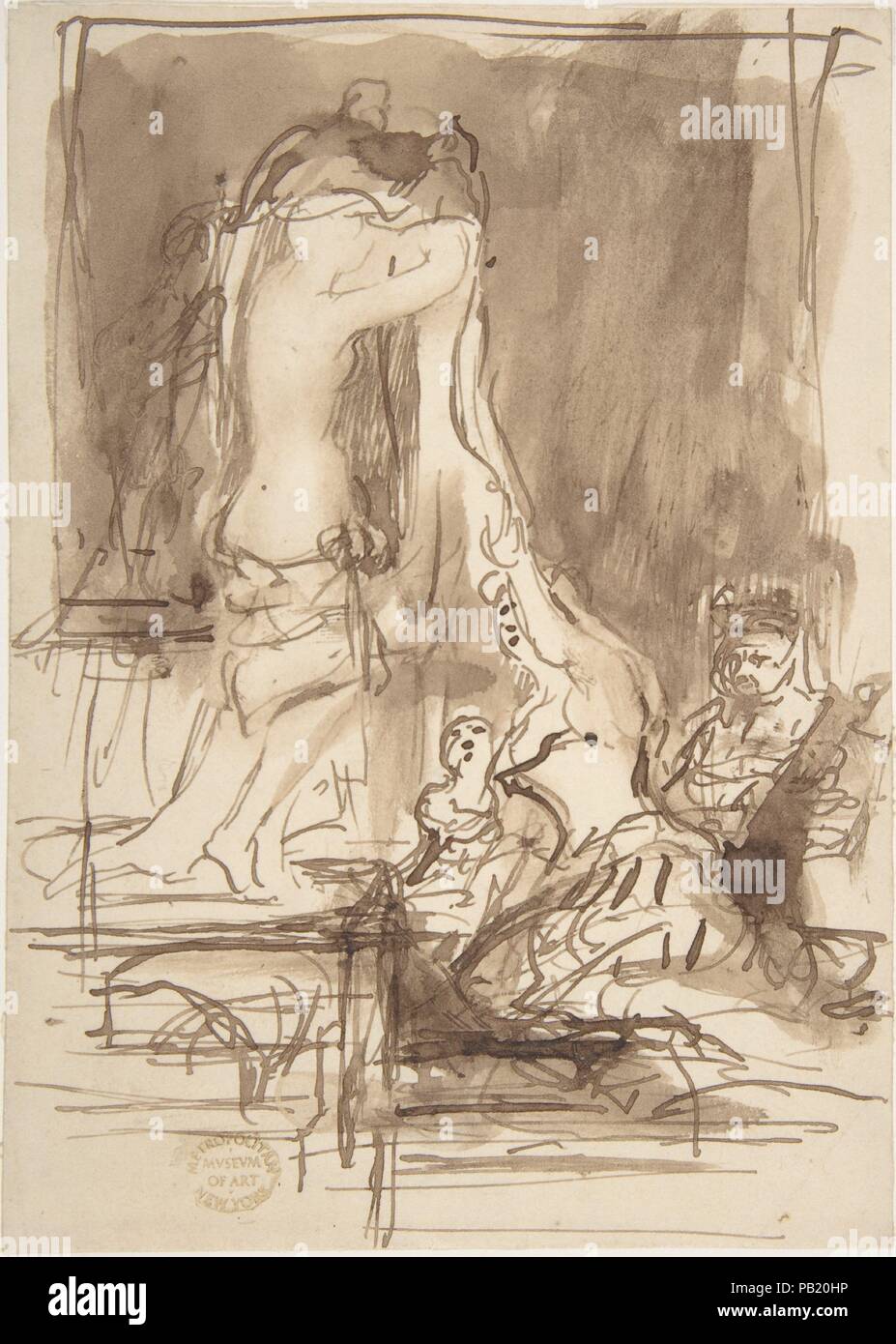 Study for 'The Bride at Her Toilet on the Day of Her Wedding'. Artist: Sir David Wilkie (British, Cults, Scotland 1785-1841 off Gibraltar). Dimensions: Sheet: 6 1/16 x 4 3/8 in. (15.4 x 11.1 cm). Date: ca. 1838.  This is one of a group of sketches where Wilkie developed compositional ideas for a painting he would show at the Royal Acdemy, London in 1838 (now National Academy of Scotland, Edinburgh). Pen lines suggest movement, and wash is used to indicate shadow as the artist conveys the movements of a young woman dressing for her wedding assisted by a companion and watched by an older woman.  Stock Photo