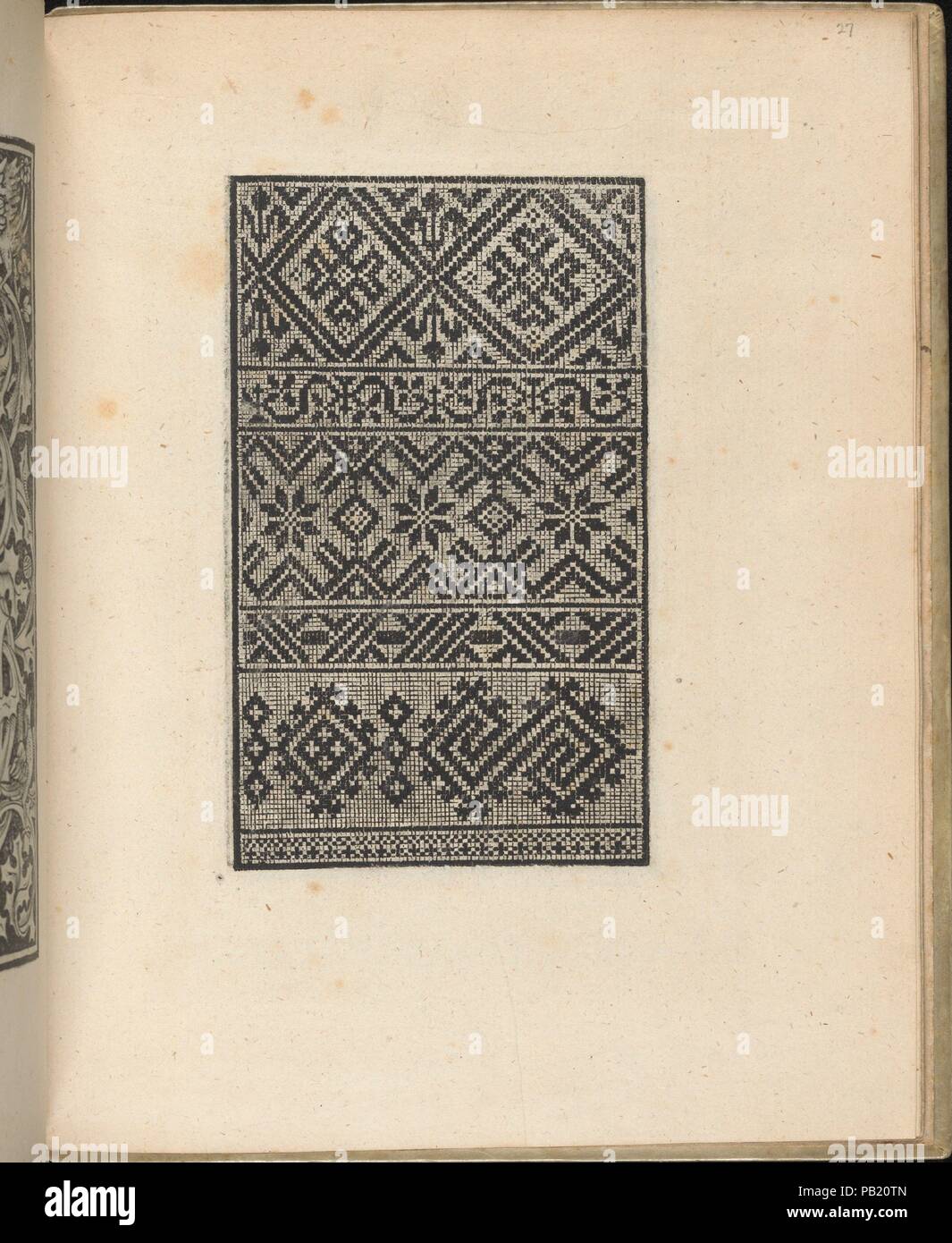 Trionfo Di Virtu. Libro Novo..., page 27 (verso). Dimensions: Overall: 9 13/16 x 7 7/8 in. (25 x 20 cm). Publisher: Matteo Pagano (Italian, 1515-1588) , Venice. Date: 1563.  Published by Matteo Pagano, Italian, 1515-1588, Venice.  From top to bottom, and left to right:  Design is decorated with a twisting branch that is surrounded by several intertwining leaves. There is a bird at the top left, top right, and bottom right corners of the design. Museum: Metropolitan Museum of Art, New York, USA. Stock Photo