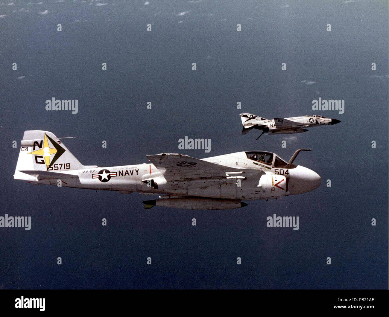 A-6A Intruder of VA-165 and F-4J of VF-96 in flight over the South China Sea on 20 September 1974 Stock Photo