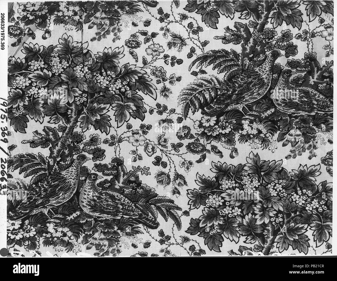 Section of bedskirt printed with game birds. Culture: British or American. Dimensions: L. 24 1/2 x W. 26 inches  62.2 x 66.0 cm. Date: 1830s. Museum: Metropolitan Museum of Art, New York, USA. Stock Photo