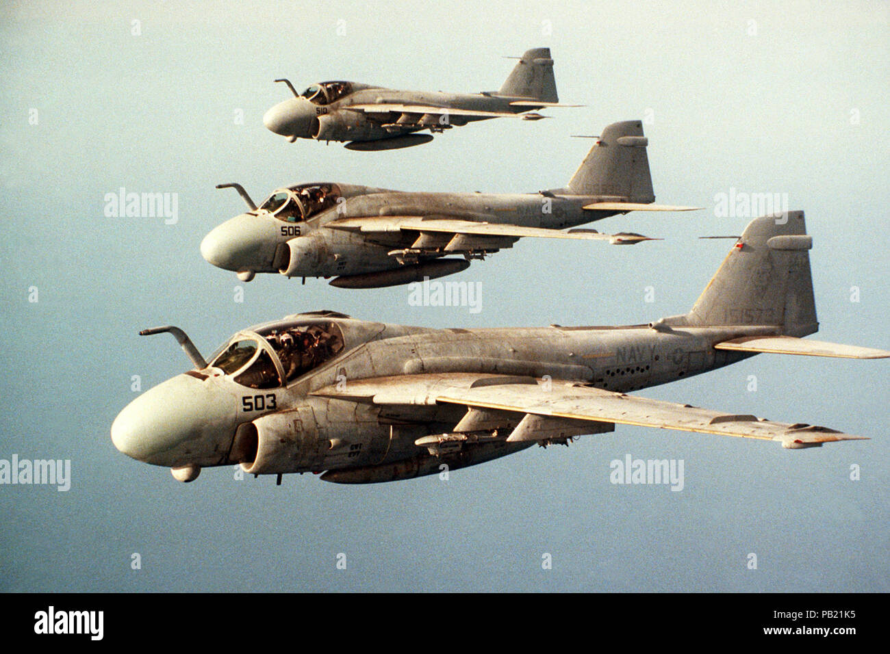 A-6E Intruders of Attack Squadron 34 in flight over the Mediterranean Sea on 1 April 1988 (6429937). An air-to-air left side view of three Attack Squadron 34 (VA-34) A-6E Intruder aircraft flying in formation. Stock Photo