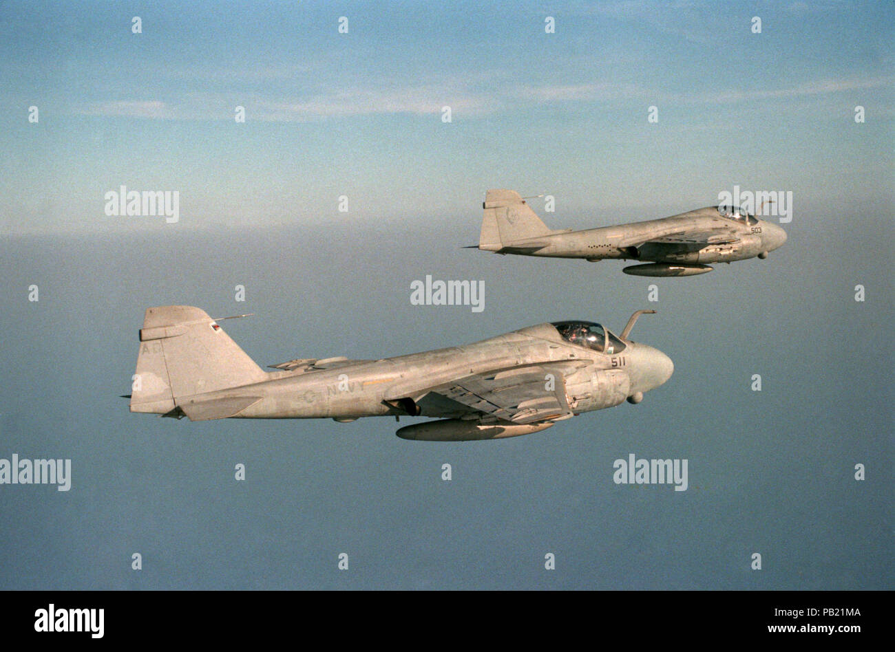 A-6E Intruders of Attack Squadron 34 in flight over the Mediterranean Sea on 1 June 1988 (6430215). An air-to-air right side view of two A-6E Intruder aircraft from Attack Squadron 34 (VA-34). Stock Photo