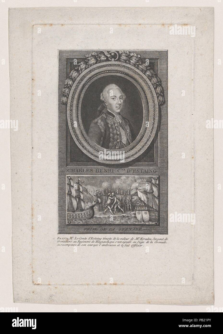 Portrait of Charles Henri, Comte D'Estaing. Artist: Jacques Barbié (French, Paris 1735-1779 Paris). Dimensions: Sheet: 9 9/16 × 6 7/16 in. (24.3 × 16.4 cm)  Plate: 8 3/8 × 5 3/16 in. (21.3 × 13.1 cm). Date: 1779. Museum: Metropolitan Museum of Art, New York, USA. Stock Photo