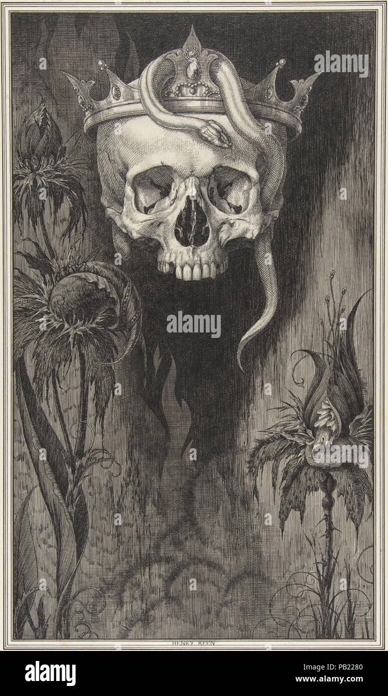 Skull Crowned with Snakes and Flowers, The Duchess of Malfi. Artist: Henry Weston Keen (British, 1899-1935 Walberswick, Suffolk). Author: John Webster (British, ca. 1580-ca. 1634). Dimensions: sheet: 6 1/8 x 9 1/2 in. (15.6 x 24.1 cm)  sheet: 22 x 14 5/8 in. (55.9 x 37.1 cm). Date: ca. 1930.  Keen worked as a printmaker and illustrator in the 1920s and 1930s, creating unsettling symbolist images reminiscent of Aubrey Beardsley. Two significant commissions were designs for luxury editions published by The Bodley Head-a firm that had launched Beardsley in the 1890s-Oscar Wilde's 'Picture of Dori Stock Photo