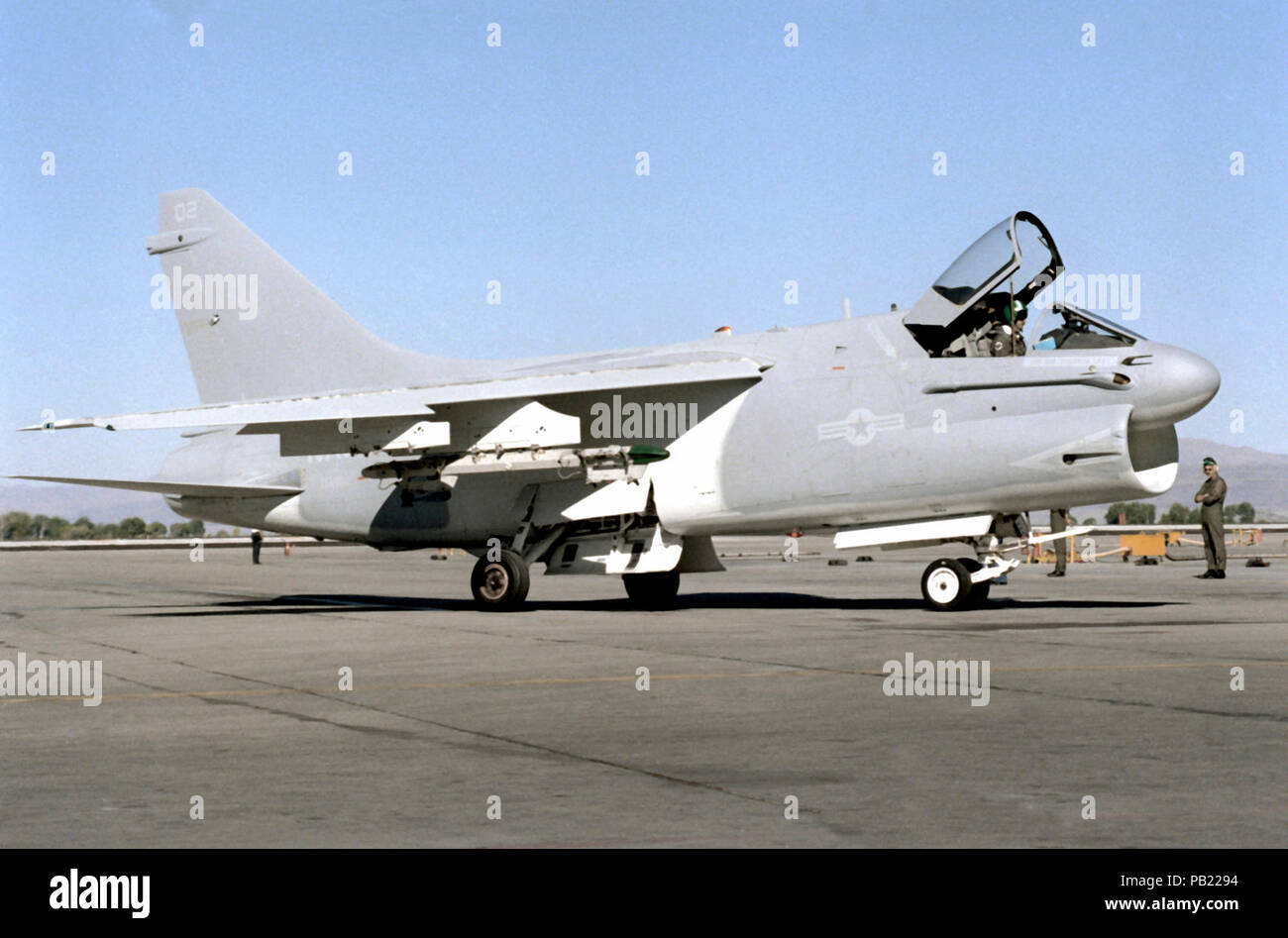 A-7B VA-305 Fallon 1981. A right side view of a Naval Air Reserve Attack Squadron 305 (VA-305) A-7 Corsair II aircraft as it prepares for take-off during the unit's active duty training. Stock Photo