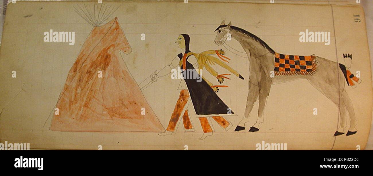Maffet Ledger: Indian on horseback, soldier. Culture: Southern and Northern Cheyenne. Dimensions: H. 11 3/4  x  W. 5 1/4 in. (29.8 x 13.3 cm). Date: ca. 1874-81. Museum: Metropolitan Museum of Art, New York, USA. Stock Photo