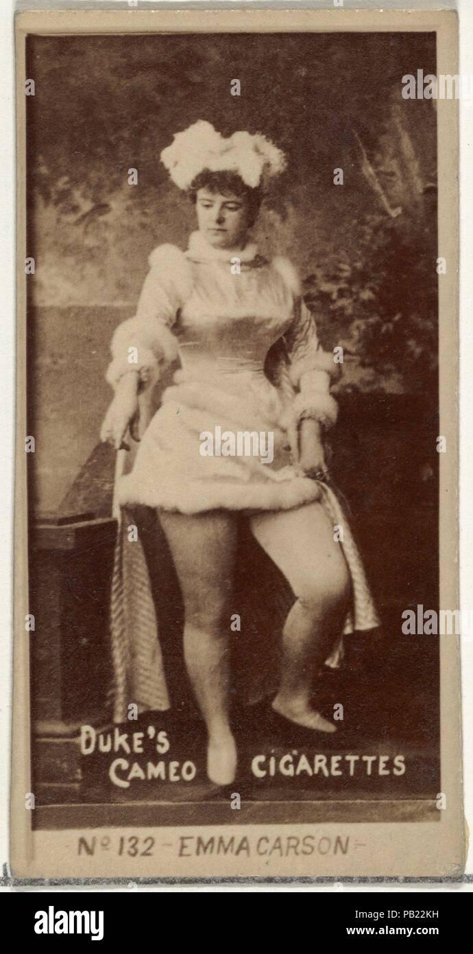 Card Number 132, Emma Carson, from the Actors and Actresses series (N145-4) issued by Duke Sons & Co. to promote Cameo Cigarettes. Dimensions: Sheet: 2 11/16 × 1 3/8 in. (6.8 × 3.5 cm). Publisher: Issued by W. Duke, Sons & Co. (New York and Durham, N.C.). Date: 1880s.  Trade cards from the set 'Actors and Actresses' (N145-4), issued in the 1880s by W. Duke Sons & Co. to promote Cameo Cigarettes. There are eight subsets of the N145 series. Various subsets sport different card designs and also promote different tobacco brands represented by W. Duke Sons & Company. This card is from the fourth su Stock Photo