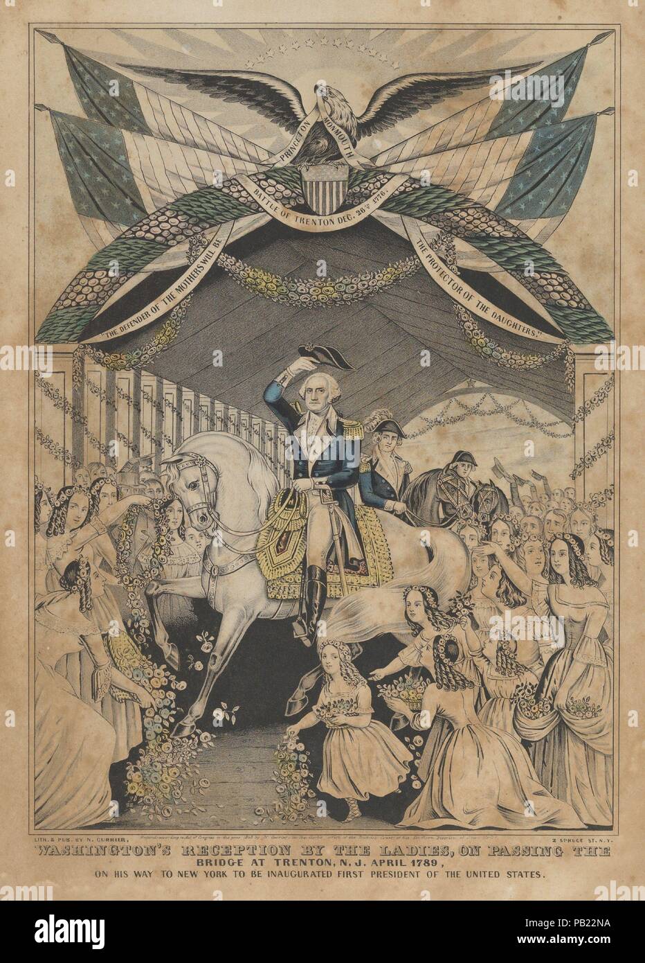 Washington's Reception by the Ladies on Passing the Bridge at Trenton, N.J., April 1789, on His Way to be Inaugurated First President of the United States. Dimensions: Image: 12 in. × 8 9/16 in. (30.5 × 21.8 cm)  Sheet: 16 1/8 × 12 5/16 in. (41 × 31.2 cm). Publisher: Lithographed and published by Nathaniel Currier (American, Roxbury, Massachusetts 1813-1888 New York). Sitter: Portrait of George Washington (American, 1732-1799). Date: 1845.  George Washington on horseback, accompanied by other gentlemen, is greeted by ladies bearing flowers as he rides over the bridge at Trenton. Banners bear t Stock Photo