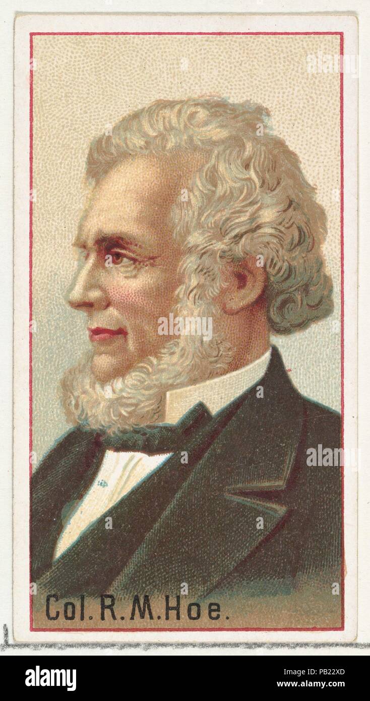 Colonel Richard March Hoe, printer's sample for the World's Inventors souvenir album (A25) for Allen & Ginter Cigarettes. Dimensions: Sheet: 2 3/4 x 1 1/2 in. (7 x 3.8 cm). Publisher: Issued by Allen & Ginter (American, Richmond, Virginia). Date: 1888.  Printer's samples for the collector's album 'World's Inventors' (A25), issued in 1888 to promote Allen & Ginter brand cigarettes. Citing Burdick's 'The American Card Catalog': 'Souvenir albums of this type, as issued by the tobacco companies, were probably intended to replace the individual cards if the smoker so desired, or at least enable him Stock Photo