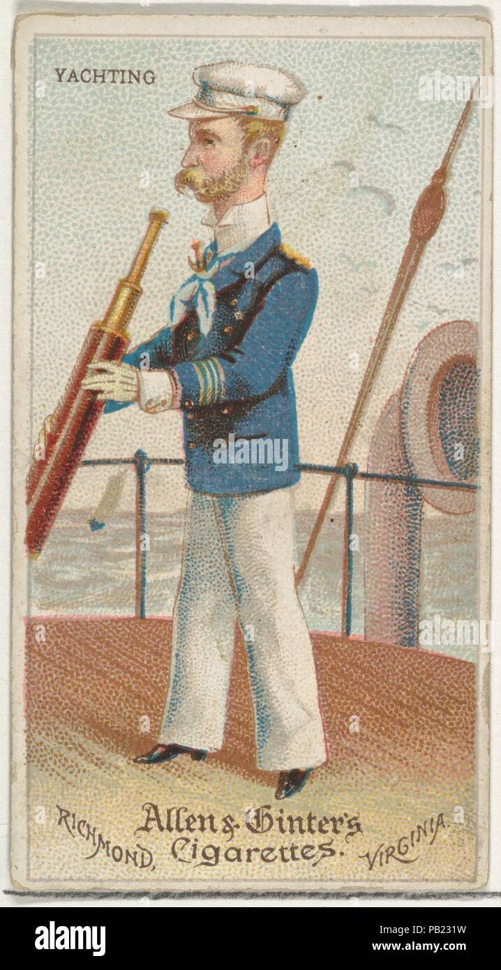 Yachting, from World's Dudes series (N31) for Allen & Ginter Cigarettes. Dimensions: Sheet: 2 3/4 x 1 1/2 in. (7 x 3.8 cm). Publisher: Allen & Ginter (American, Richmond, Virginia). Date: 1888.  Trade cards from the 'World's Dudes' series (N31), issued in 1888 in a set of 50 cards to promote Allen & Ginter brand cigarettes. Museum: Metropolitan Museum of Art, New York, USA. Stock Photo