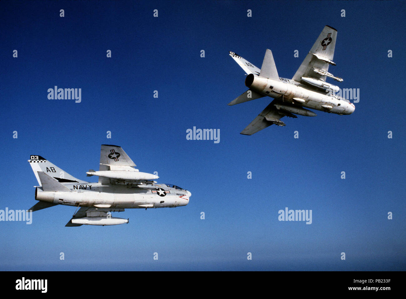 A-7Es VA-72 in flight 1982. An air-to-air right underside view of two A-7 Corsair aircraft assigned to Light Attack Squadron 72 (VA-72) on the aircraft carrier USS AMERICA (CV 66). Stock Photo