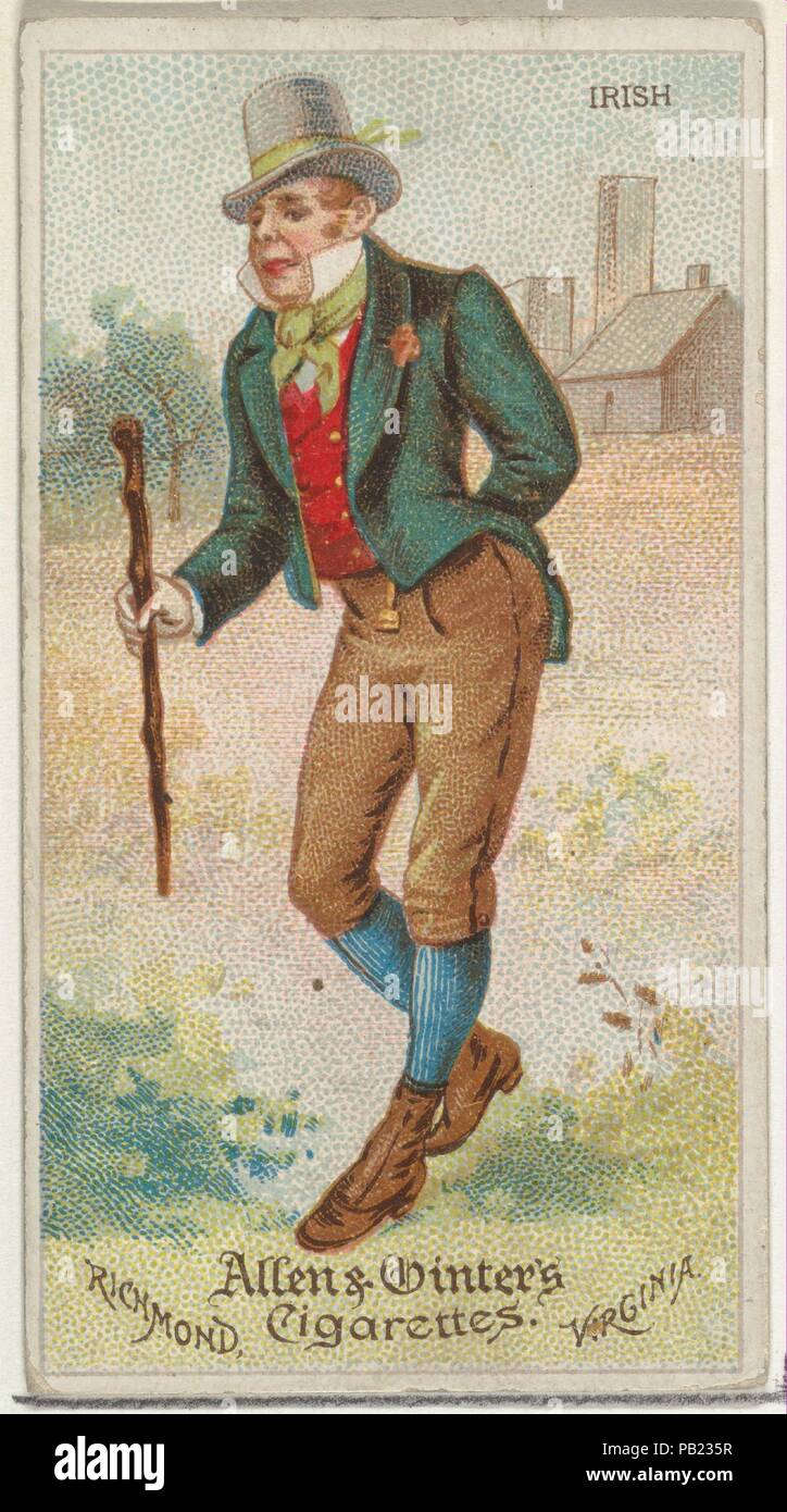 Irish, from World's Dudes series (N31) for Allen & Ginter Cigarettes. Dimensions: Sheet: 2 3/4 x 1 1/2 in. (7 x 3.8 cm). Publisher: Allen & Ginter (American, Richmond, Virginia). Date: 1888.  Trade cards from the 'World's Dudes' series (N31), issued in 1888 in a set of 50 cards to promote Allen & Ginter brand cigarettes. Museum: Metropolitan Museum of Art, New York, USA. Stock Photo