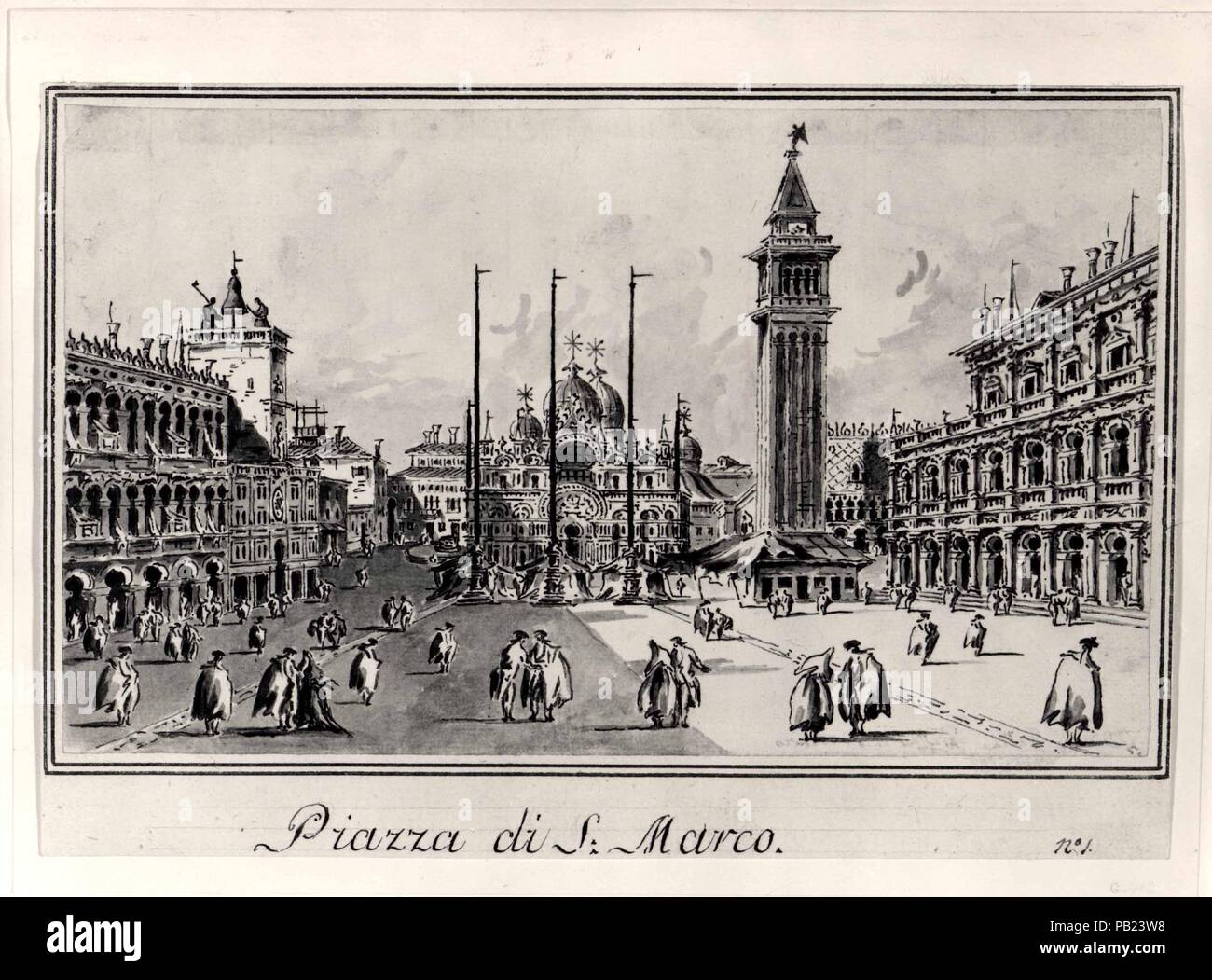 Piazza San Marco, Looking toward the Basilica. Artist: Giacomo Guardi (Italian, Venice (?) 1764-1835 Venice (?)). Dimensions: 4 15/16 x 8 3/8 in.  (12.5 x 21.2 cm). Date: ca. 1804-28.  This is one of a series of drawings, all in pen and ink, and gray wash, that formed part of an album housing forty-eight views of Venice and the surrounding islands.  Recognizing the market incentive to produce rather prosaic drawings as keepsakes for visiting tourists, Giacomo made numerous such albums, repeating the compositions as necessary. The view of the Piazza San Marco, which begins the numbered series,  Stock Photo