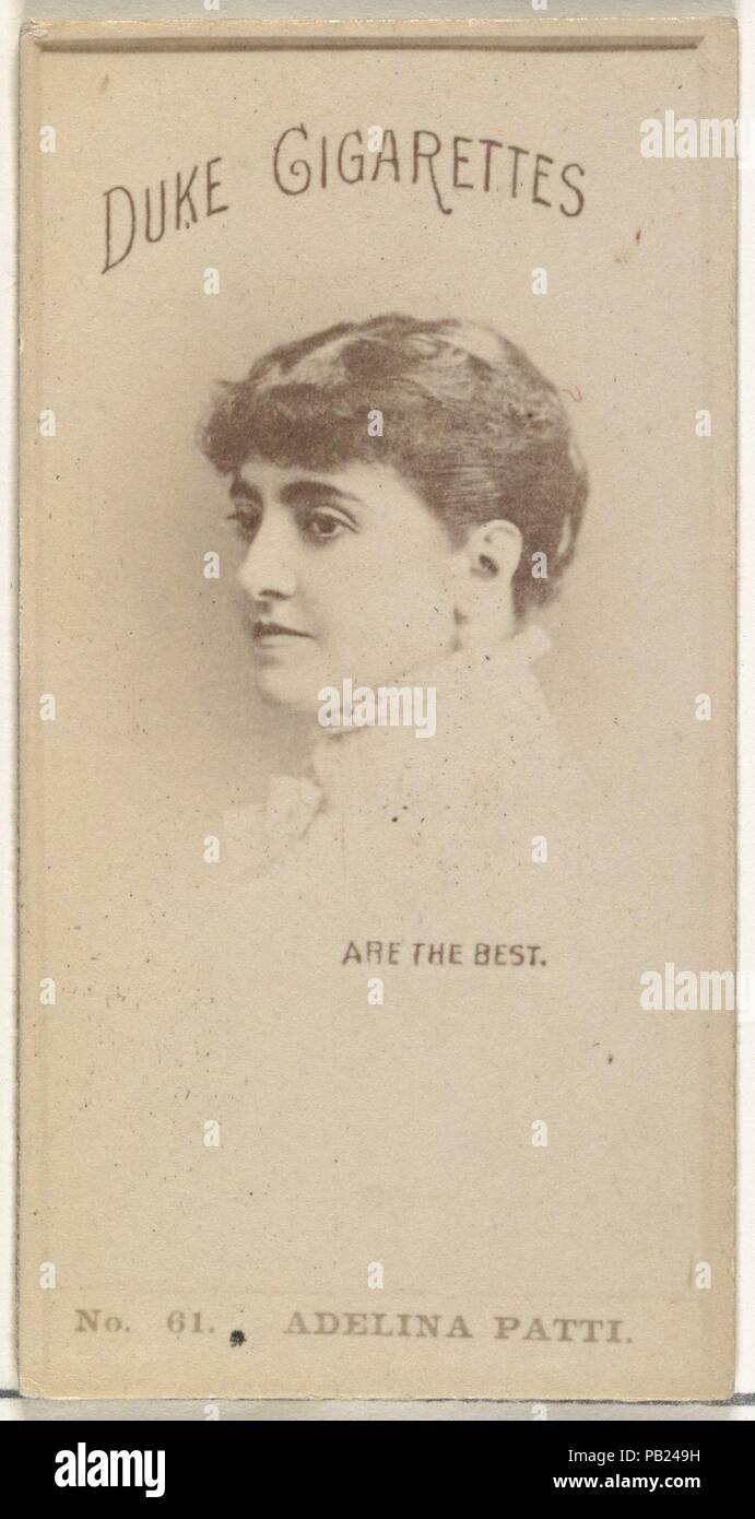 Card Number 61, Adina Patti, from the Actors and Actresses series (N145-6) issued by Duke Sons & Co. to promote Duke Cigarettes. Dimensions: Sheet: 2 11/16 × 1 3/8 in. (6.8 × 3.5 cm). Publisher: Issued by W. Duke, Sons & Co. (New York and Durham, N.C.). Date: 1880s.  Trade cards from the set "Actors and Actresses" (N145-6), issued in the 1880s by W. Duke Sons & Co. to promote Duke Cigarettes. There are eight subsets of the N145 series. Various subsets sport different card designs and also promote different tobacco brands represented by W. Duke Sons & Company. This card is from the sixth subset Stock Photo