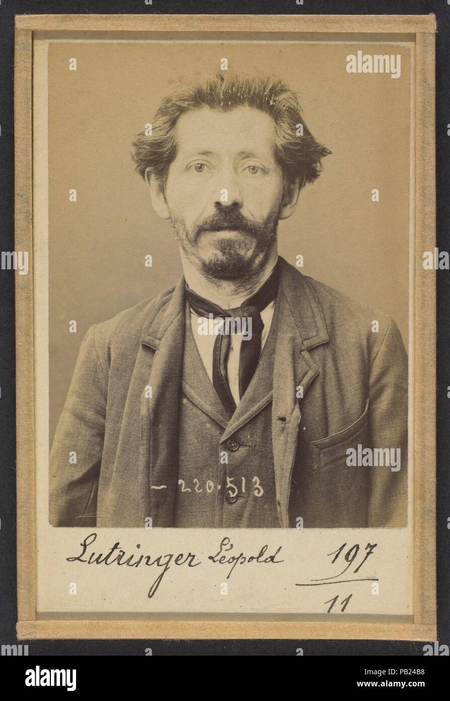 Lutringer. Pierre, Léopold. 43 ans, né le 25/11/50 à Stenay (Meuse). Cordonnier. Anarchiste. 3/7/94. Artist: Alphonse Bertillon (French, 1853-1914). Dimensions: 10.5 x 7 x 0.5 cm (4 1/8 x 2 3/4 x 3/16 in.) each. Date: 1894.  Born into a distinguished family of scientists and statisticians, Bertillon began his career as a clerk in the Identification Bureau of the Paris Prefecture of Police in 1879. Tasked with maintaining reliable police records of offenders, he developed the first modern system of criminal identification. The system, which became known as Bertillonage, had three components: an Stock Photo