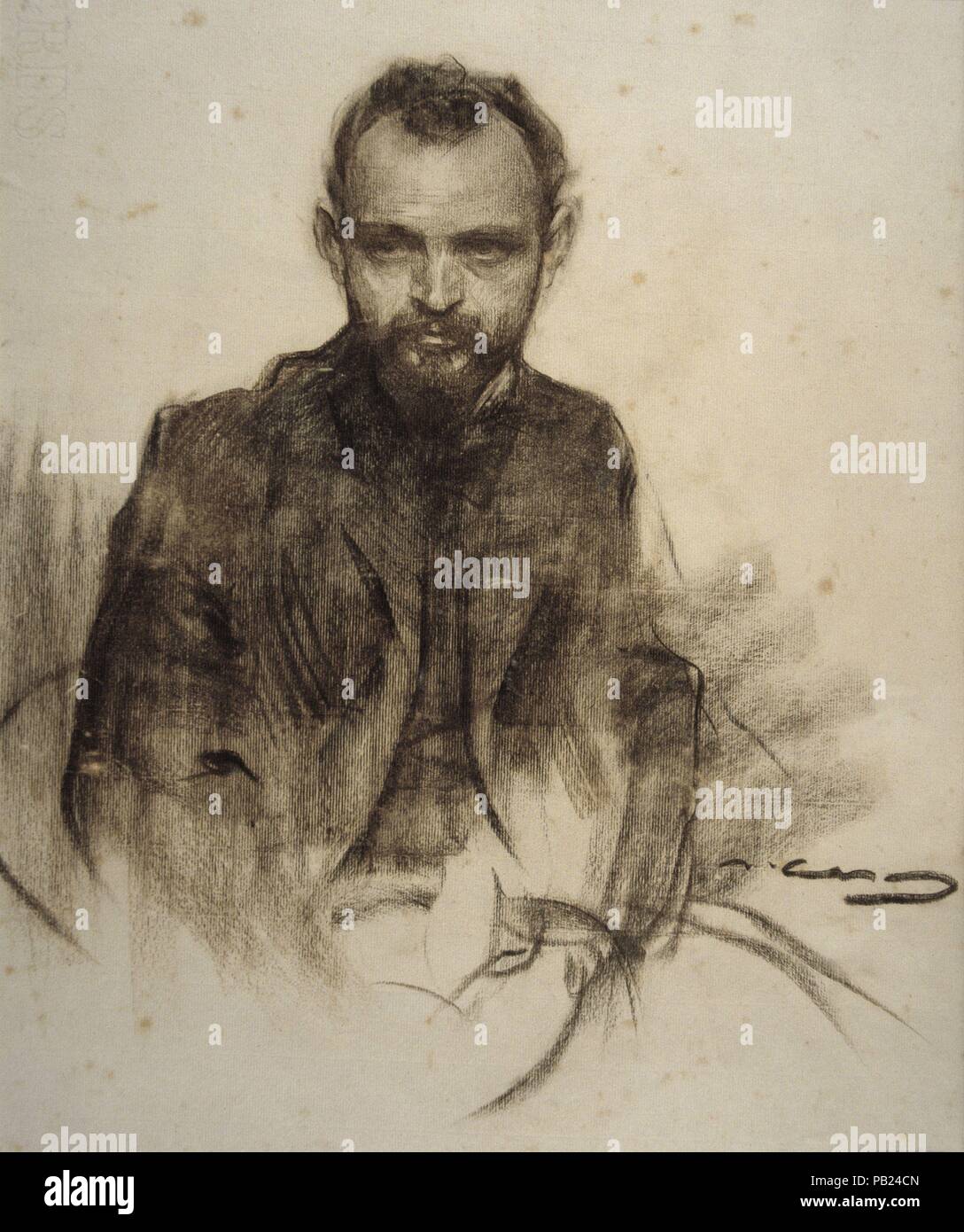 Retrato de Josep Clarà . Tinta a la pluma,  lápiz grafito sobre papel. 13,4 x 10,4 cm. Museum: MNAC. Stock Photo