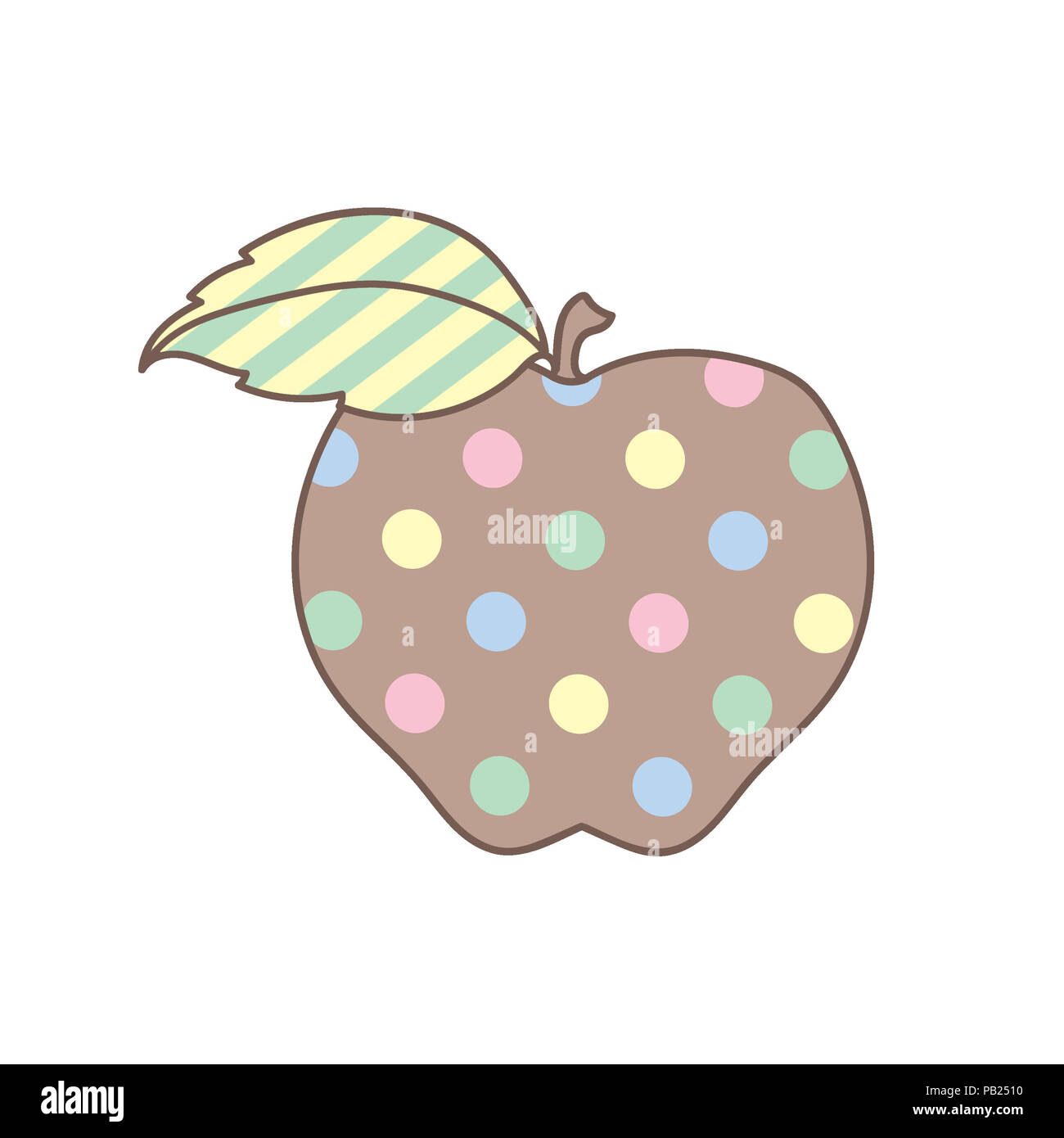 Illustration of an apple in pastel colors with polka dots and stripes on white background. Stock Photo