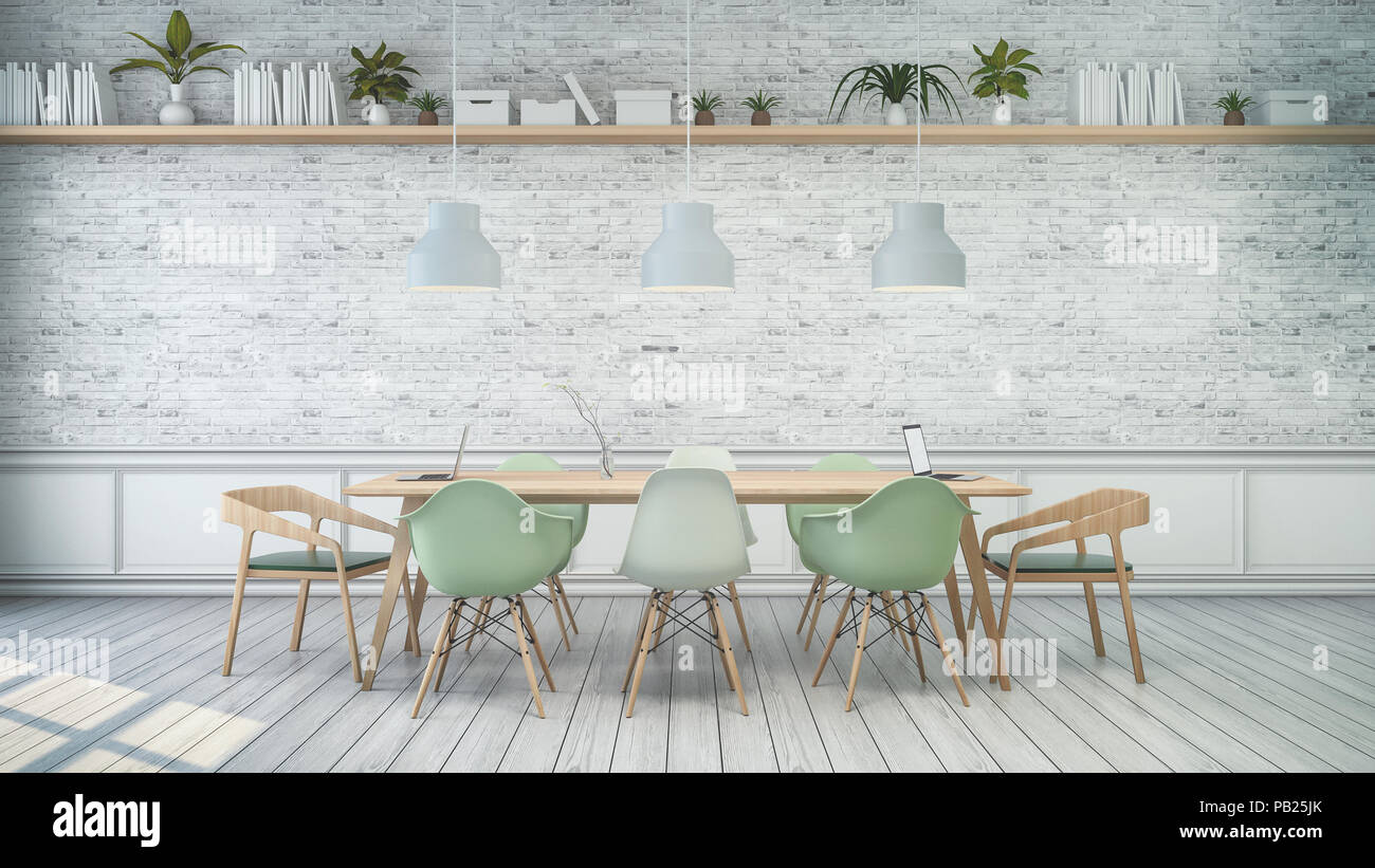 Minimalist interior ,White room with green chair and wood table , white ... - Bricked Wall Scandinavian Decor