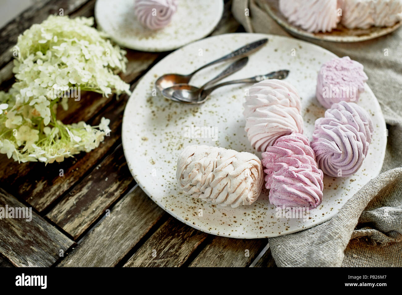 Summer tea in the fresh air.On plates prepared marshmallows and ... Summer tea in the fresh air.On plates prepared marshmallows and ...