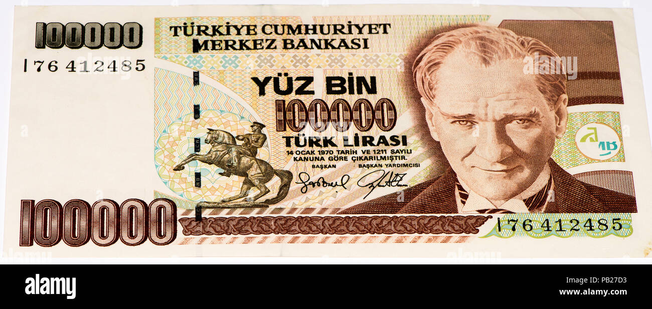 100000 Turkish liras bank note. Turkish lira is the national currency of  Turkey Stock Photo - Alamy