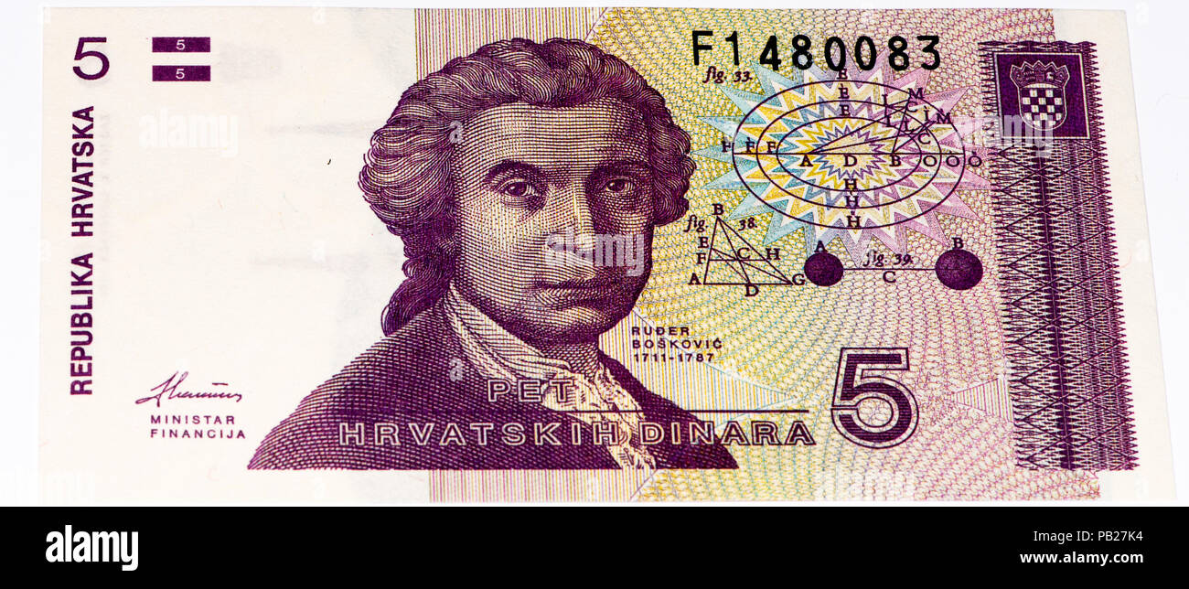 VELIKIE LUKI, RUSSIA - JULY 30, 2015: 5 Hrvatski dinar bank note. Croatian dinar is the former currency of Croatia Stock Photo